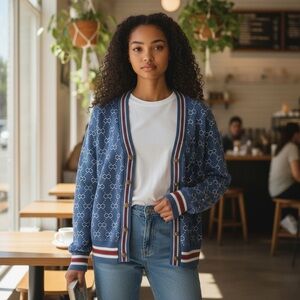 Blue Cardigan Sweater retro vintage style red white trim preppy Medium ladies